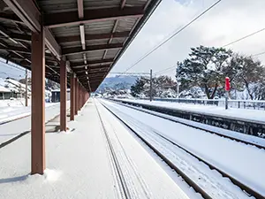 屋根のある駅のホームと雪に覆われた線路が続く静かな冬の風景