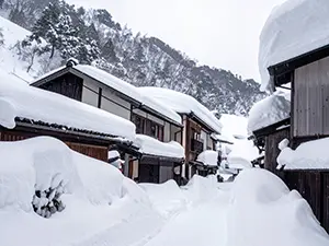 屋根に大量の雪が積もった豪雪地帯の民家の街並み