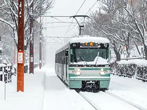雪が降る中を正面に向かって走ってくる緑と白のツートンカラーの路面電車